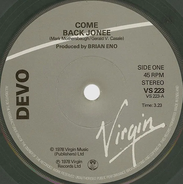 Devo Come Back Jonee 7" singel grå vinyl brukt