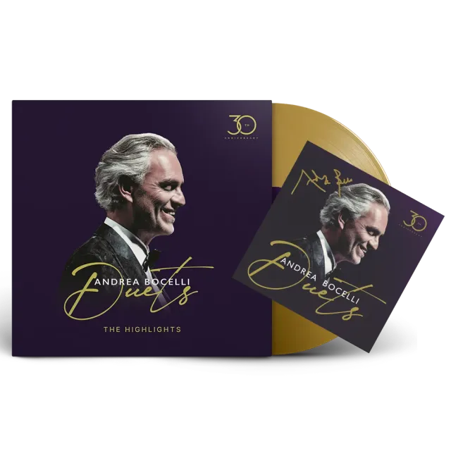 Andrea Bocelli Duets 30th Anniversary gull LP signert kort
