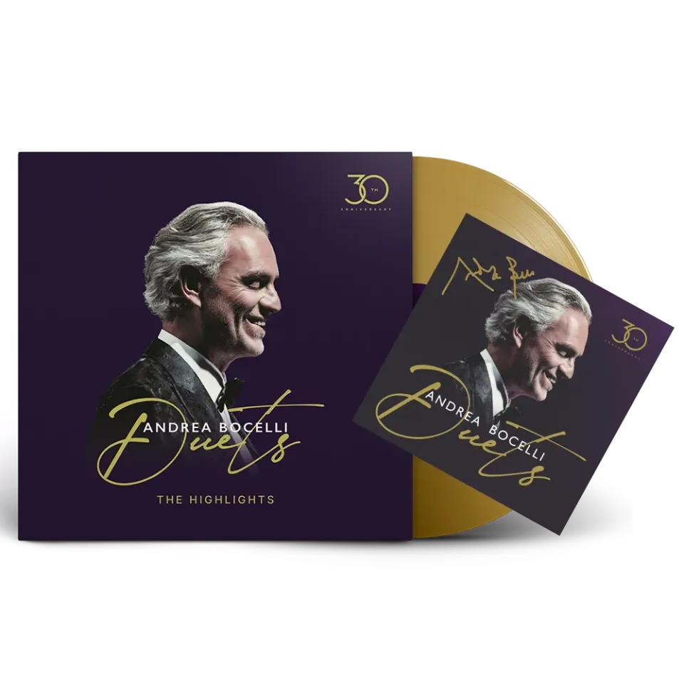 Andrea Bocelli Duets 30th Anniversary gull LP signert kort