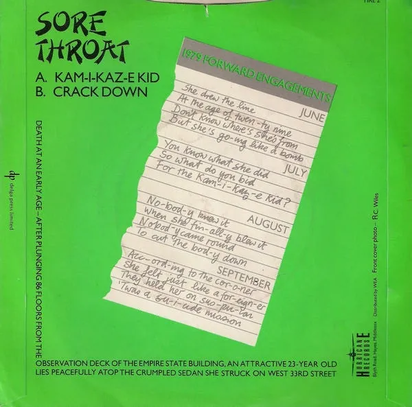 Sore Throat Kamikaze Kid 7" singel brukt VG new wave