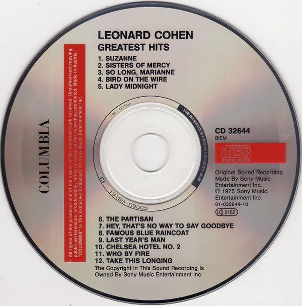 Leonard Cohen Greatest Hits CD brukt folk rock