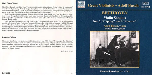 Beethoven Busch Serkin Violin Sonatas CD historisk