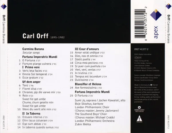 Orff Carmina Burana CD brukt album kor 60 min