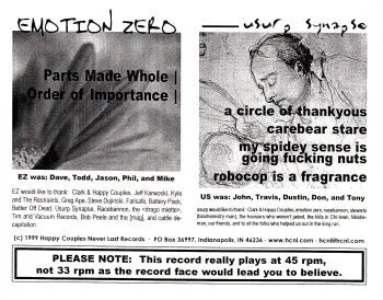 Emotion Zero / Usurp Synapse Index Of Isolation 7" brukt hardcore-vinyl