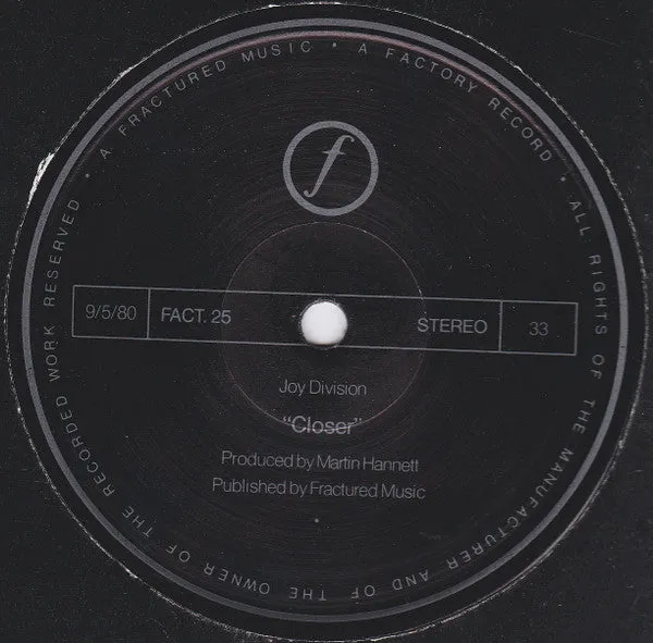 Joy Division Closer LP vinyl brukt Factory 1980