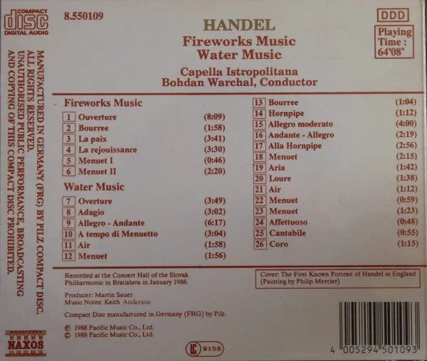 Händel Fireworks Water Music CD brukt Naxos